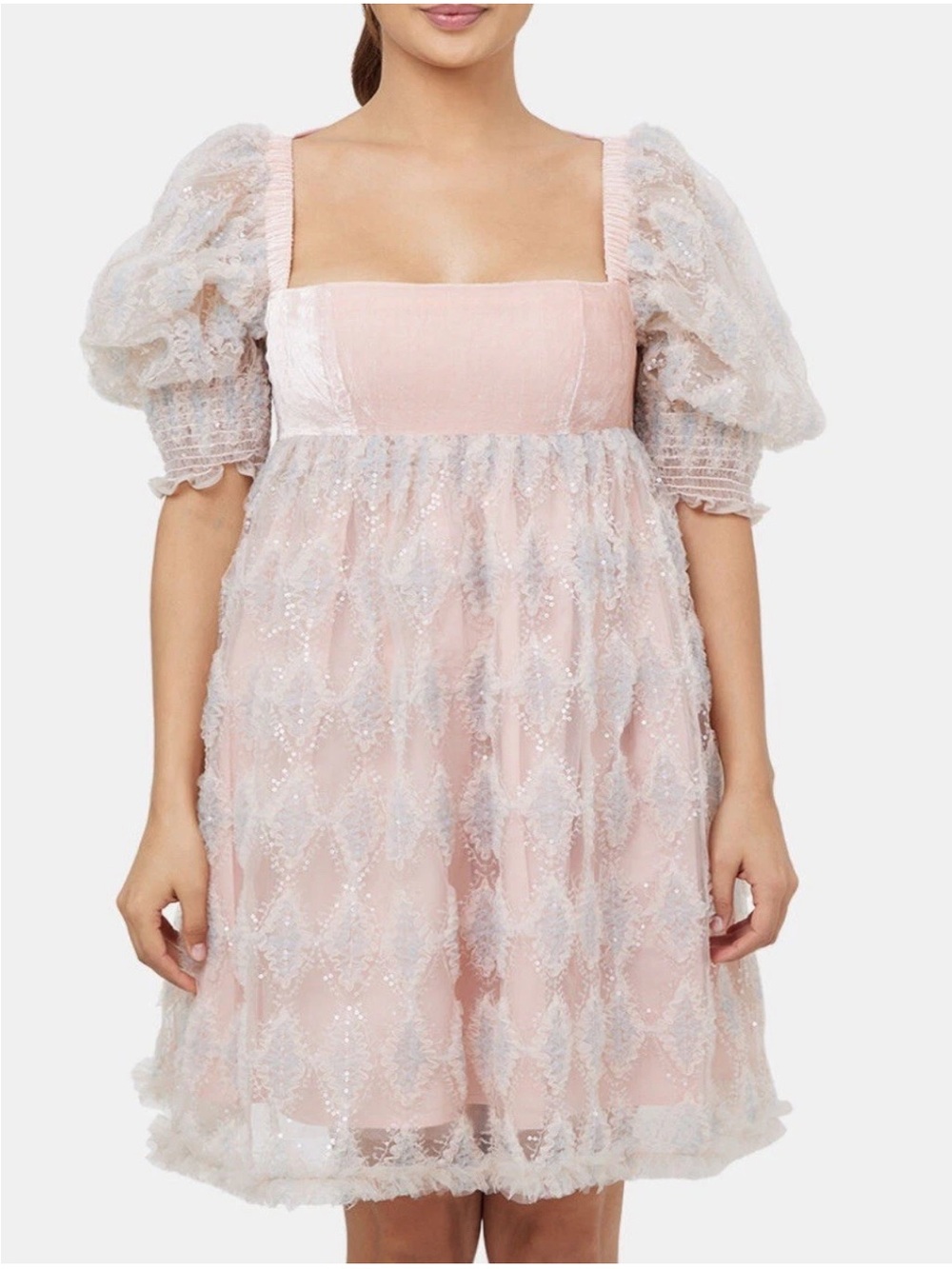 Manoush 🌹Blush Pink Puff-Sleeve Lace Babydoll Dress